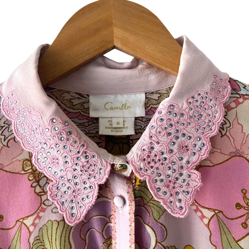 Camilla Kiss & Tell Curved Collar Blouse M Silk Crystal Floral Blouson Sleeve - Picture 4 of 11